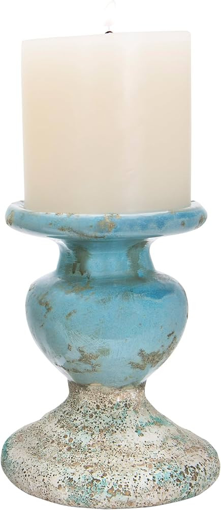 Creative Co-Op Large Distressed Blue Terracotta Pillar Candle Holder | Amazon (US)