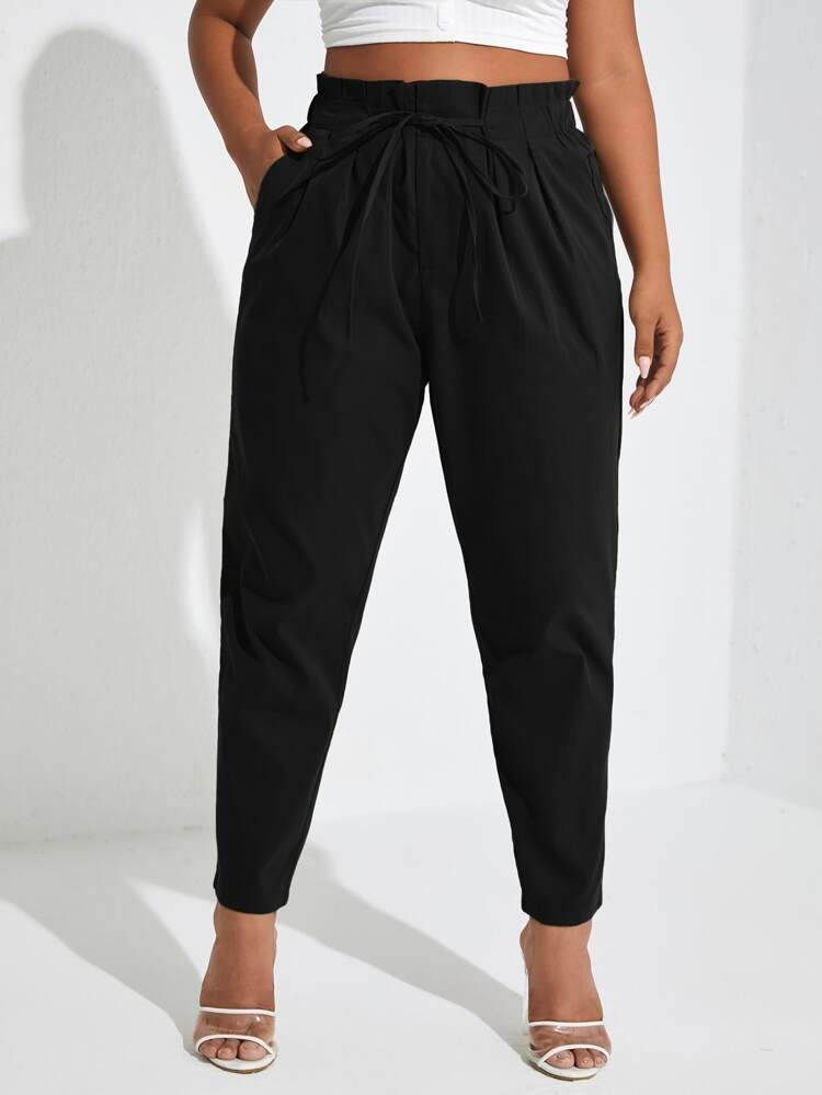 Plus Paperbag Waist Tie Front Pants | SHEIN