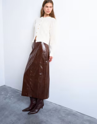 Topshop faux leather high shine midi skirt in brown | ASOS (Global)