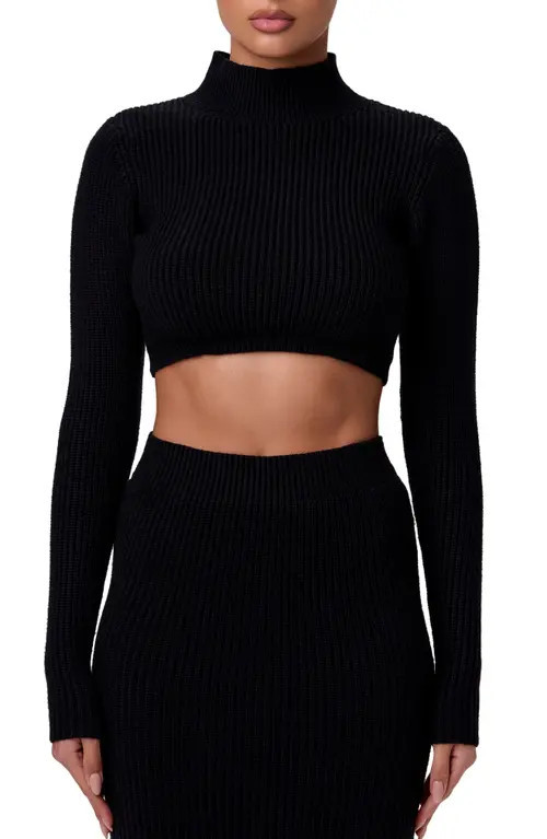 Naked Wardrobe Mock Neck Rib Crop Sweater in Black at Nordstrom, Size Large | Nordstrom