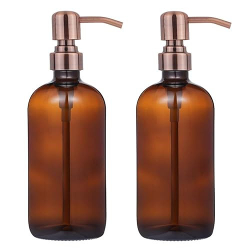 2 Pack Thick Amber Glass Pint Jar Soap Dispenser with Copper Stainless Steel Pump, 16ounce Boston Round Bottles Dispenser with Rustproof Pump for Essential Oil, Lotion Soap | Amazon (US)
