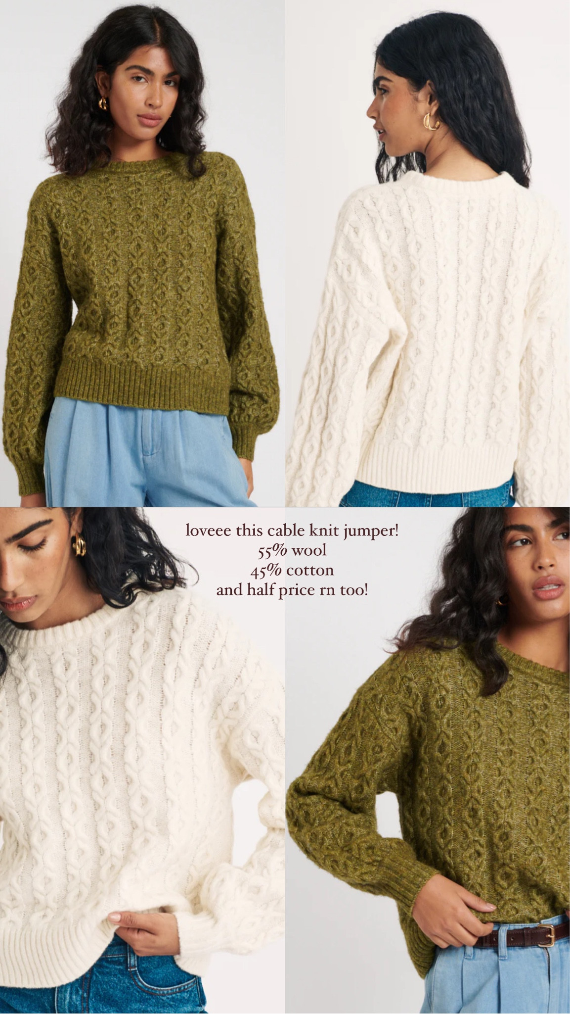 wool jumper, cotton jumper, cable knit, crew neck, olive green, cream, jumper 

#LTKfindsunder50 #LTKstyletip #LTKSeasonal
