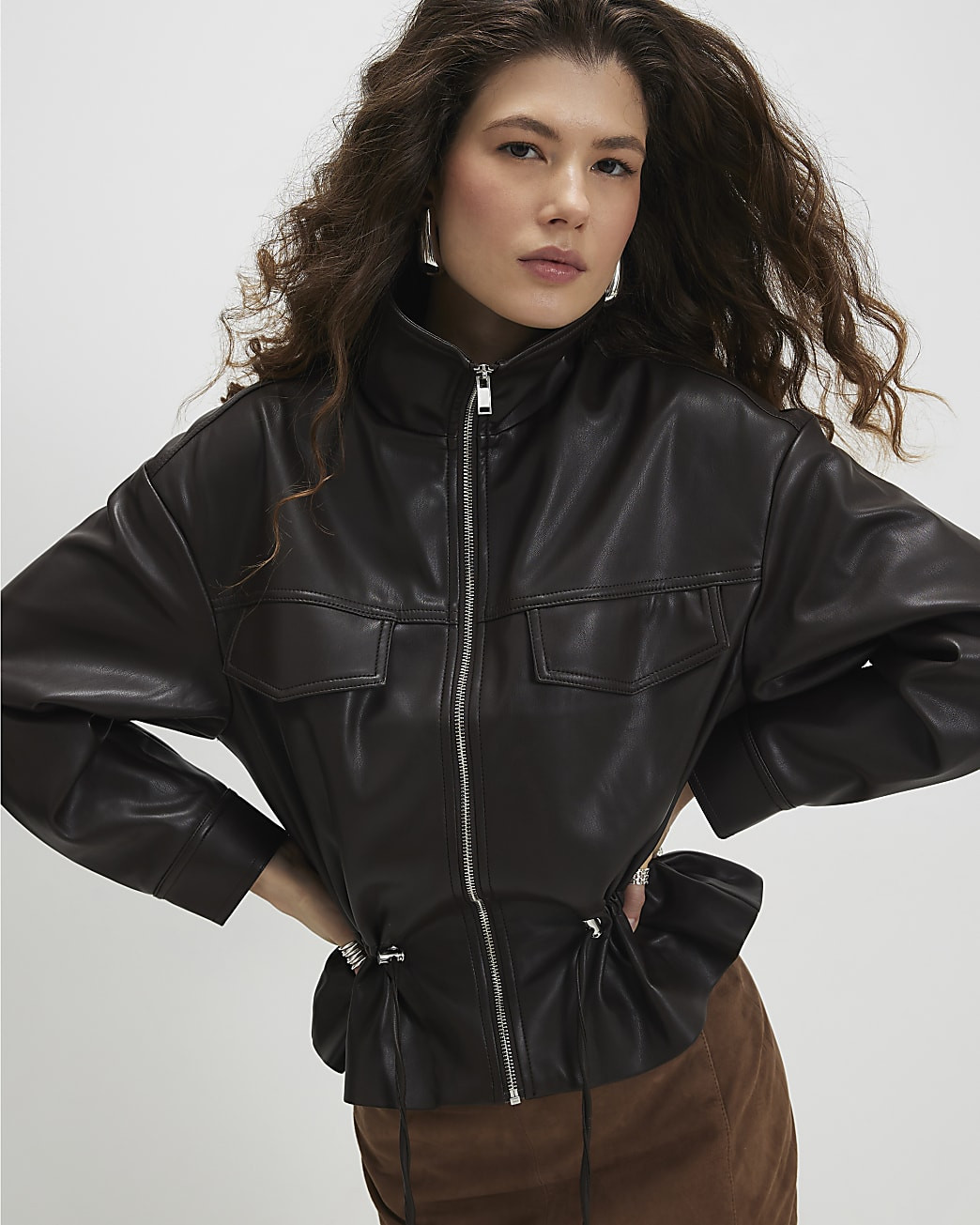 Brown Drawstring Funnel Neck Jacket | River Island UK & IE