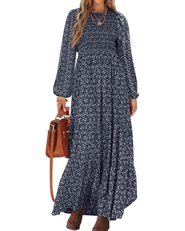 PRETTYGARDEN Women's Fall Dresses 2025 Long Sleeve Flowy Casual Floral Maxi Dress Crew Neck Smock... | Amazon (US)