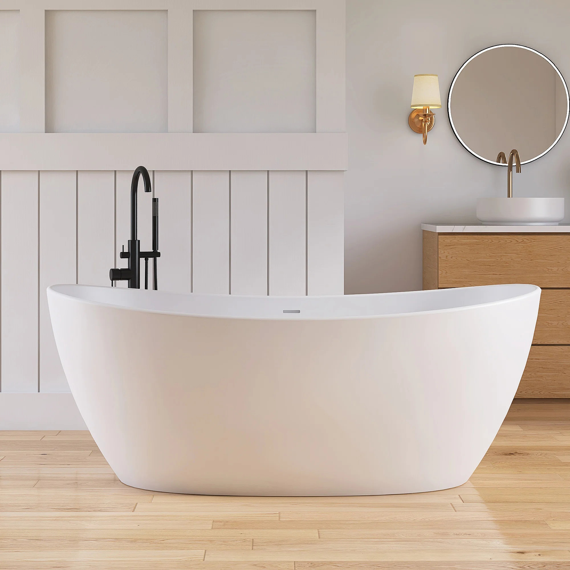 Forma 65'' Freestanding Bathtub Solid Surface Deep Soaking Tubs Double Slippers DU26-1650 | Wayfair North America