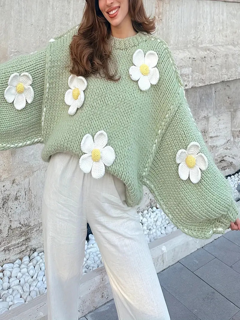 Hand-Crocheted Oversized Flower with Mixed Color Edges Pullover | Temu Affiliate Program