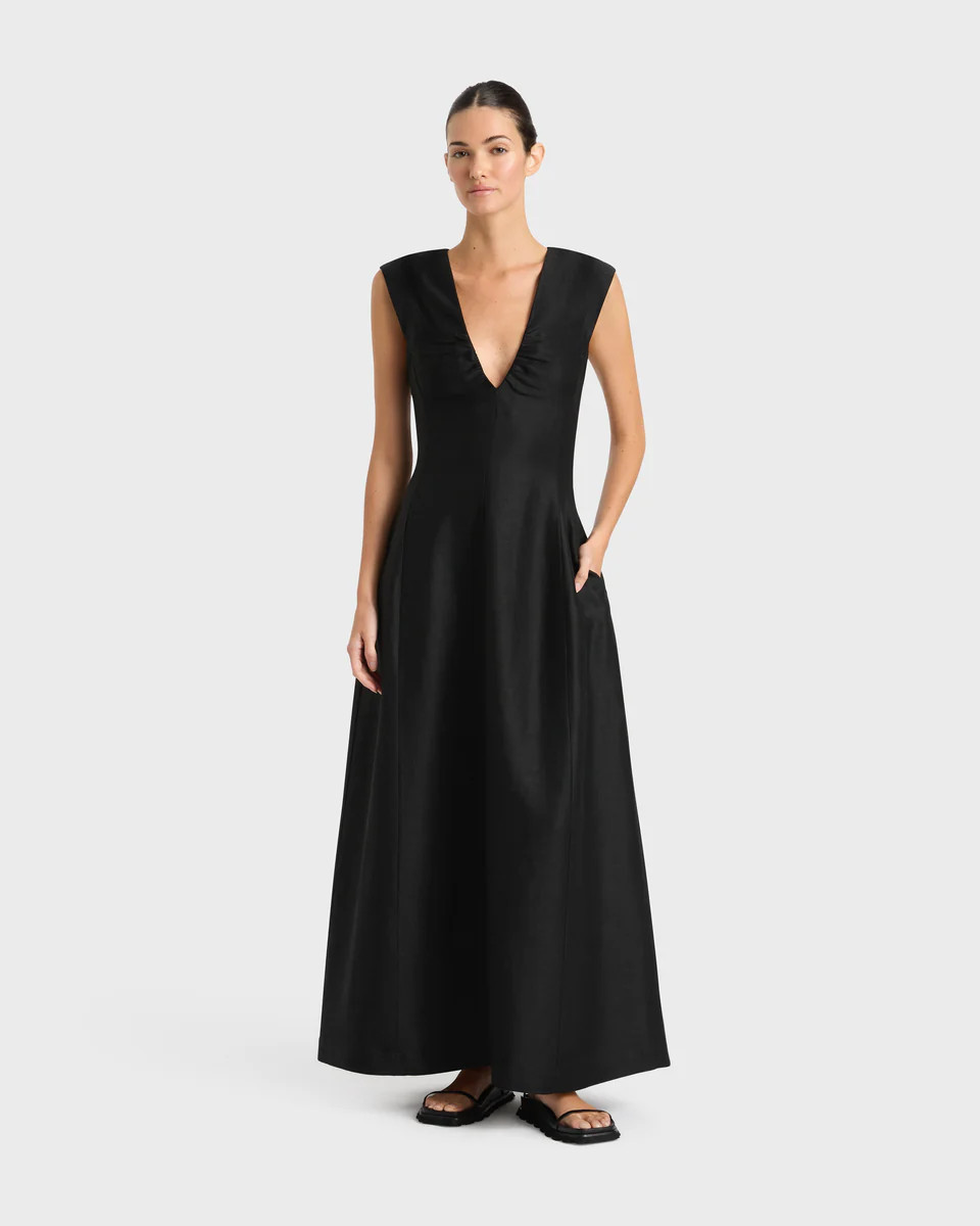 BONDI BORN® | Bormio V Neck Midi Dress in Black | Designer Linen | BONDI BORN