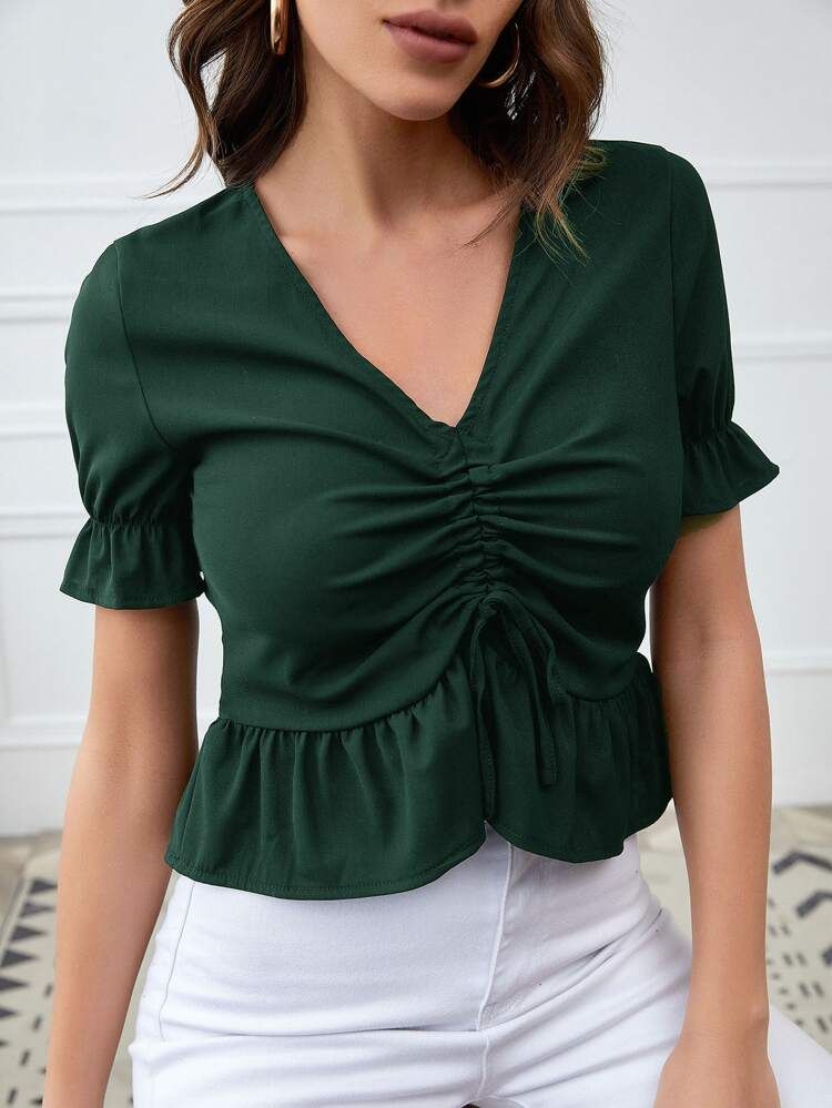 Puff Sleeve Ruched Tie Front Peplum Top | SHEIN