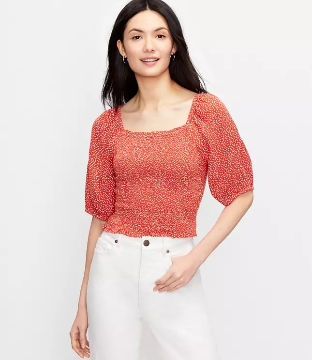 Petite Dotted Smocked Blouse | LOFT
