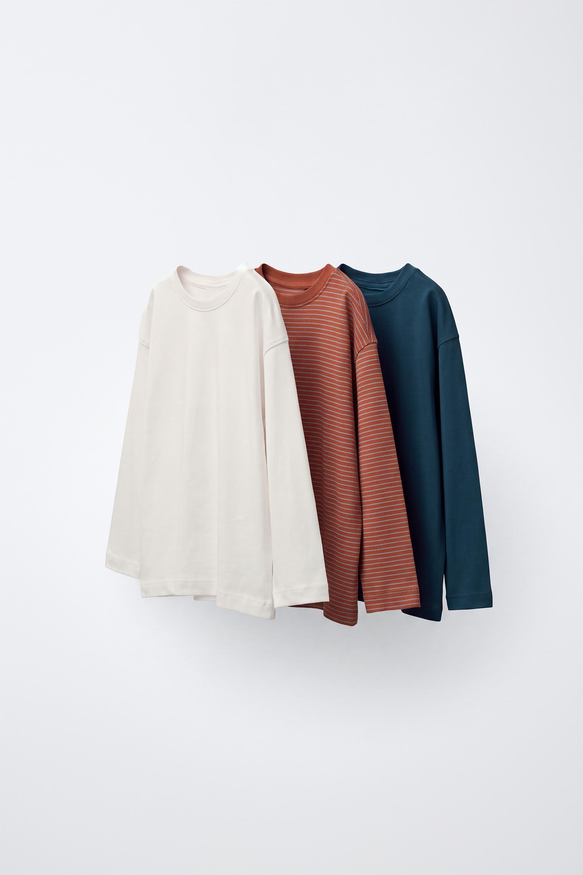 Zara - 3-Pack Of Striped And Plain Long Sleeve T-Shirts - Brick - 2 Years (36,2 Inches) - Kids | Zara US