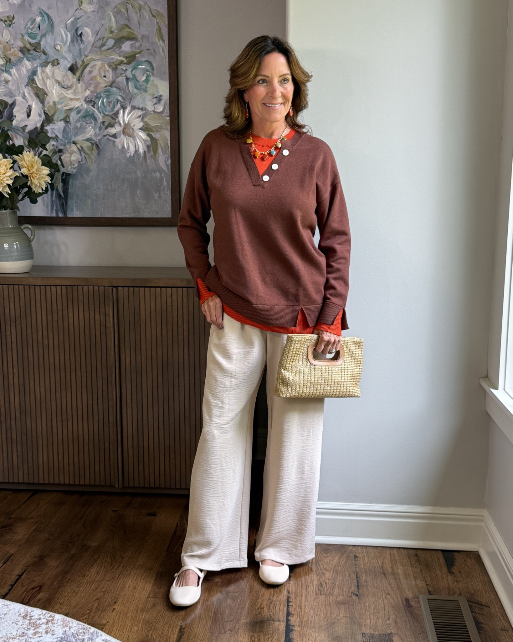 Fall Color Without Overthinking It

Chocolate brown and warm rust make such a good fall combination. I layered the two tops for a little extra color and interest, then kept the rest easy with flowy cream pants and simple flats. Comfortable, polished and very wearable.

#over50style #falloutfit #layeringstyle #casualchic #fallfashion