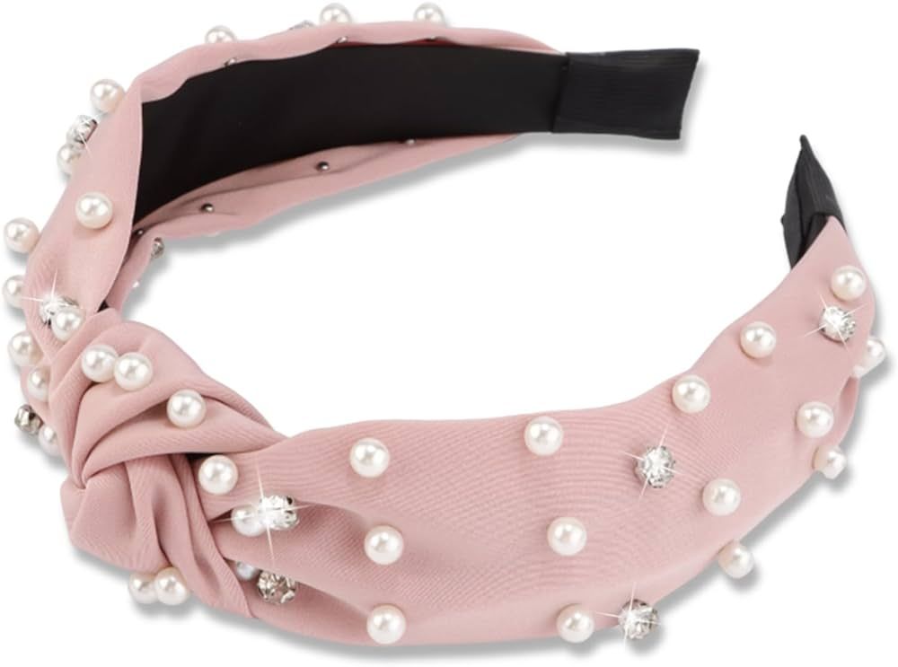 Atoden Pink Pearl Headband Knotted Rhinestone Headbands Wide Top Knot Headbands Beaded Headband J... | Amazon (US)