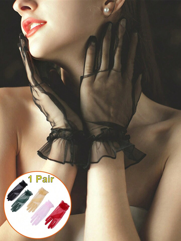 1 Pair Women Wedding Gloves Ultrathin Full Finger Gloves Shirring Ruffle Lace Prom Ball Cocktail ... | SHEIN