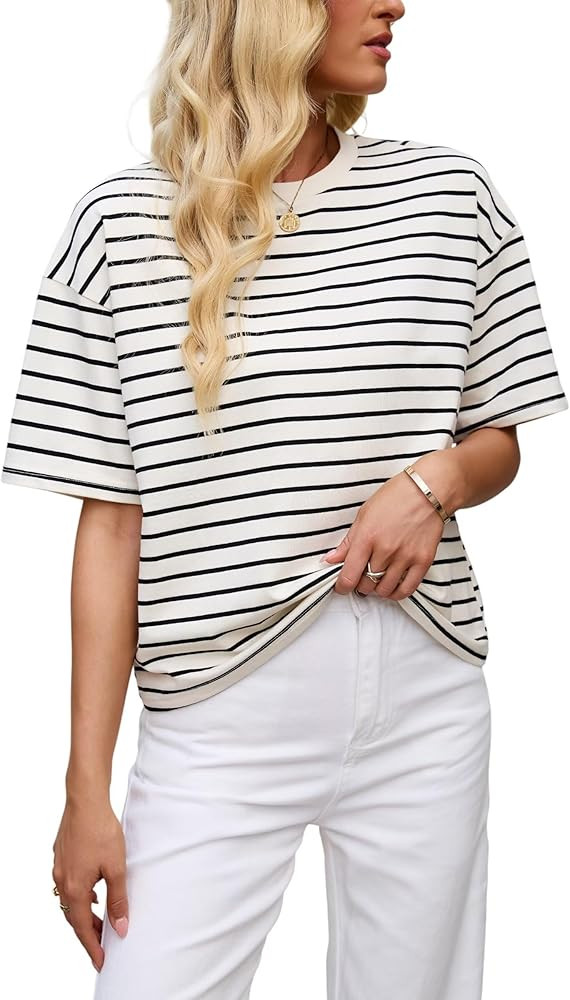 Allimy Women's Vintage Boxy Cropped Tee Short Sleeve Striped T Shirt Loose Fit Tops Casual Summer... | Amazon (US)