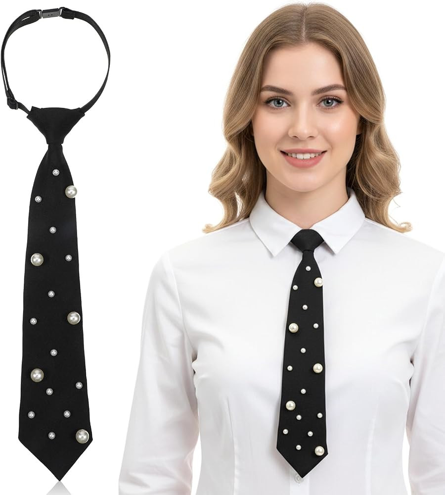 Black Tie for Women Men, Elegant Pearl Tie Adjustable Length Pre-Tied Silk Neck Ties for Formal E... | Amazon (US)