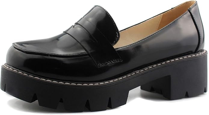Sungtin Women's Slip-on Platform Loafers Chunky Mid Heel School Uniform Goth Shoes Oxford Pumps | Amazon (US)