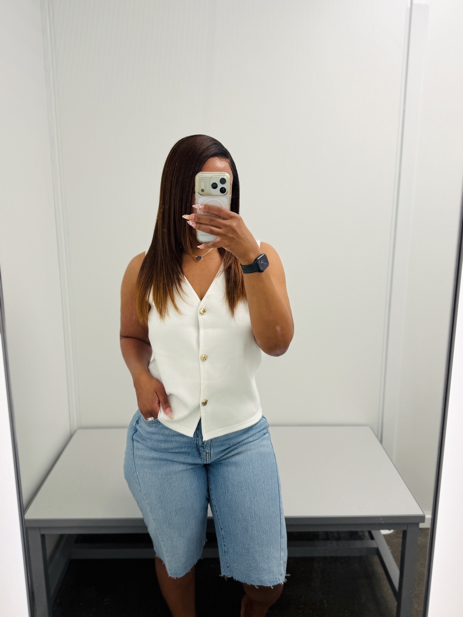 The vest is no longer available online but you can find them in some stores. I am wearing a size small, it’s a little big on the sides so you can probably size down for a more fitted look. I am wearing a size 6 in the Bermuda shorts, very comfortable on bit a little roomy in the back area.

#LTKPetite #LTKSeasonal