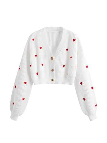 BEAUDRM Women's Heart Cardigan Sweater Drop Shoulder Crop Cardigan Long Sleeve Button Front Knitted Top White X-Small | Amazon (US)