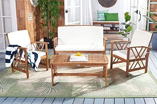 SAFAVIEH Outdoor Collection Fontana Natural/ Beige 4-Piece Conversation Patio Set with Cushions | Amazon (US)