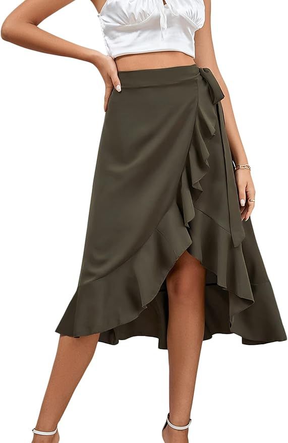 LYANER Women's Boho Floral Print Wrap Front Self Tie Knot Ruffle Hem Split Midi Skirt | Amazon (US)