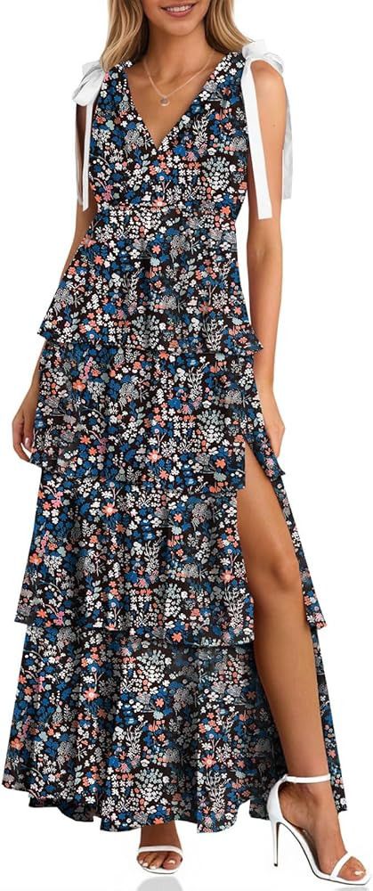 Wenrine Womens Summer Floral Maxi Dress Tie Strap Sleeveless V Neck High Slit Boho Ruffle Tiered ... | Amazon (US)