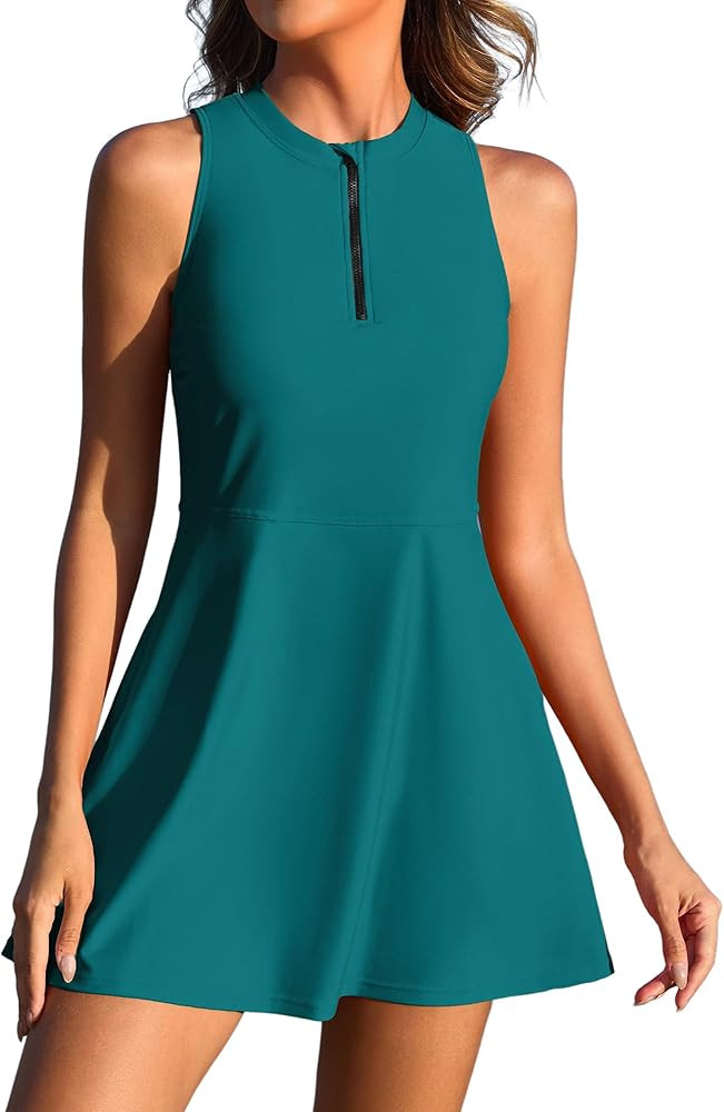 Charmo High Neck Swim Dress Women Two Piece Full Coverage Swimsuit Rashguard Bathing Suit Zip Fro... | Amazon (US)