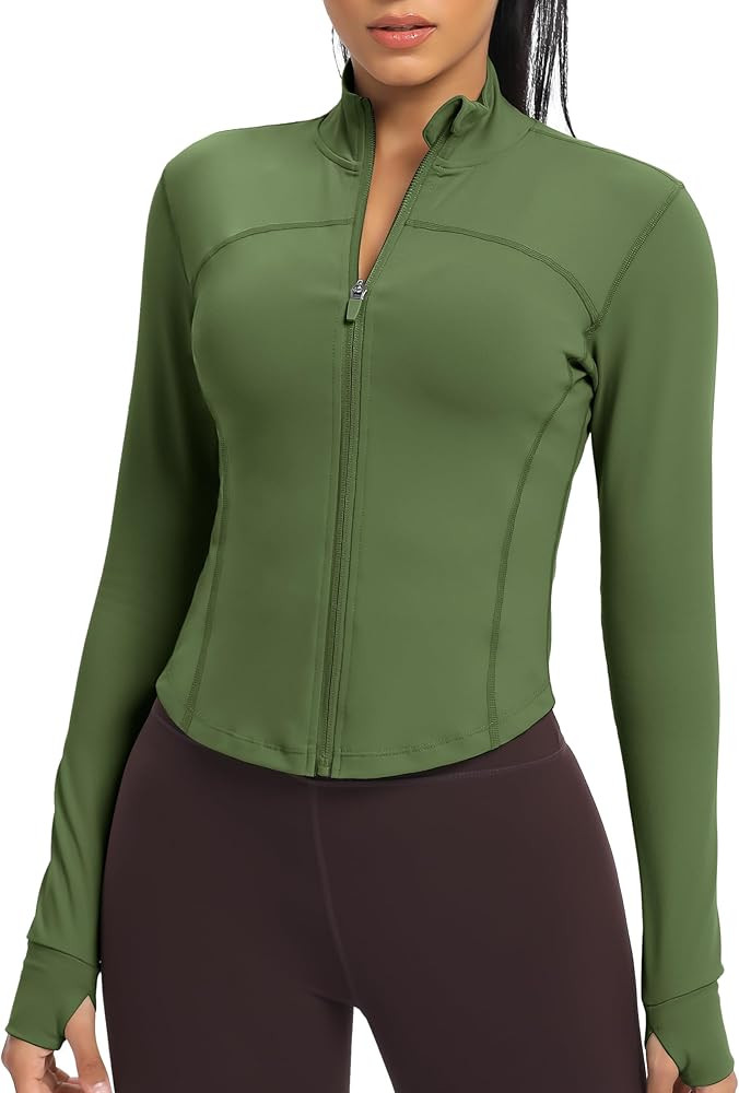 Women BBL Jacket Full Zip UP Workout Athletic Cropped Jacket wIth Thumb Holes Running Yoga Sports... | Amazon (US)