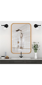 FUWU HOME Wood Bathroom Mirror for Wall 20" x 30" Farmhouse Rounded Corner Rectangle Mirror with ... | Amazon (US)