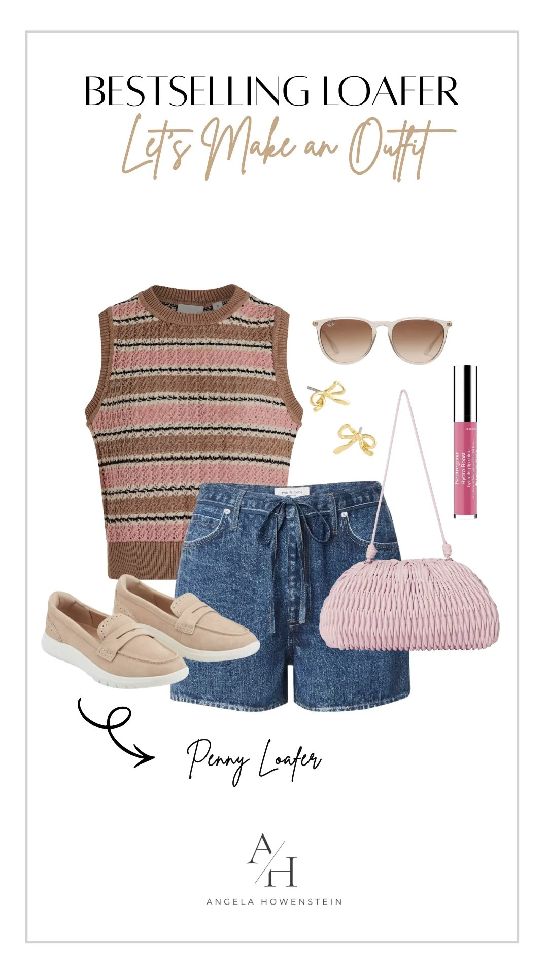 Beige penny loafers with denim shorts and striped knit tank summer outfit.

#LTKootd #LTKOver40