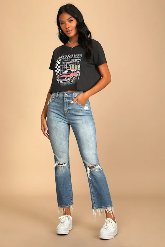 Shy Girl Medium Wash High-Rise Distressed Cropped Flare Jeans | Lulus (US)