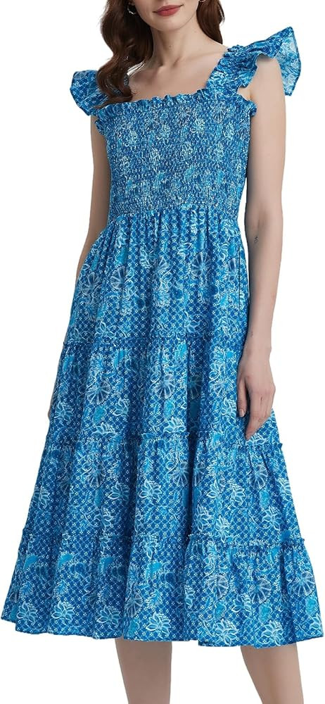 LifeShe Women Summer Floral Midi Flowy Dress Square Neck Smocked Flutter Sleeve Tiered Beach Boho... | Amazon (US)