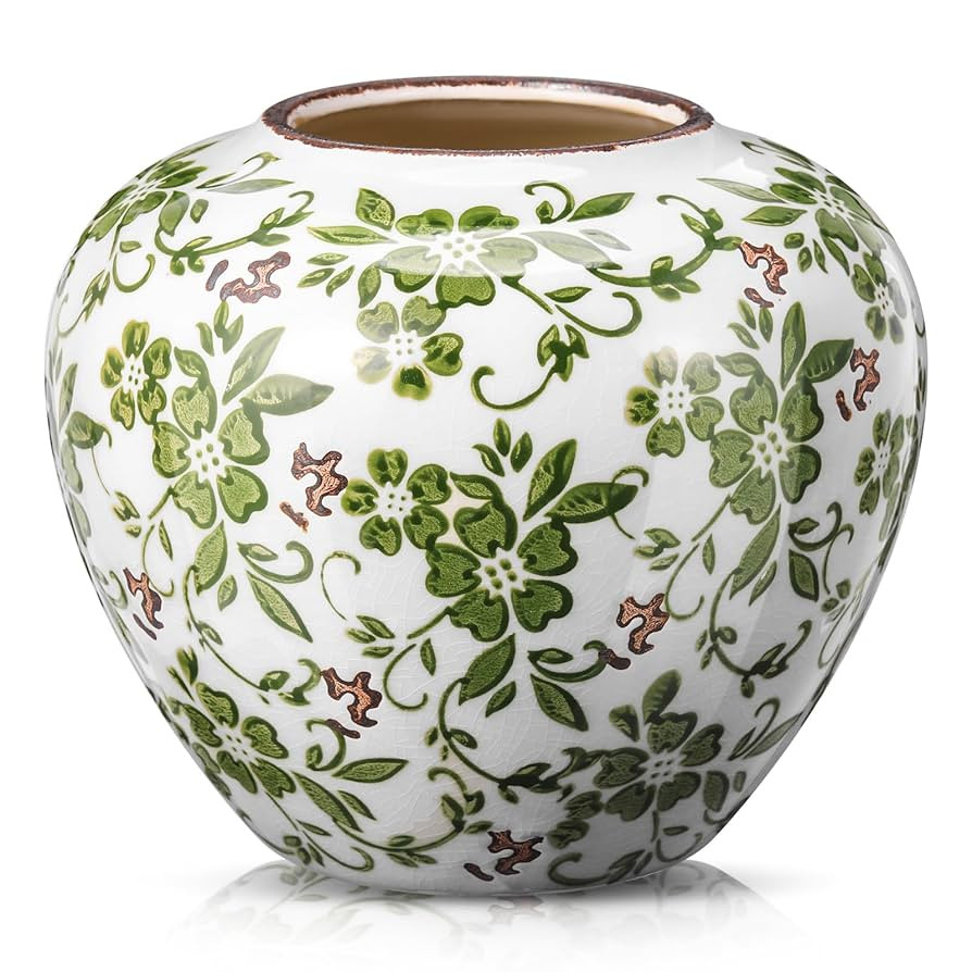 Green and White Vases Ceramic Vintage Chinoiserie Floral 6.69" H Terracotta Round Rustic Pottery ... | Amazon (US)