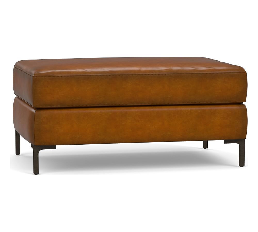 Jake Leather Ottoman with Bronze Legs, Down Blend Wrapped Cushions, Leather Burnished Bourbon | Pottery Barn (US)