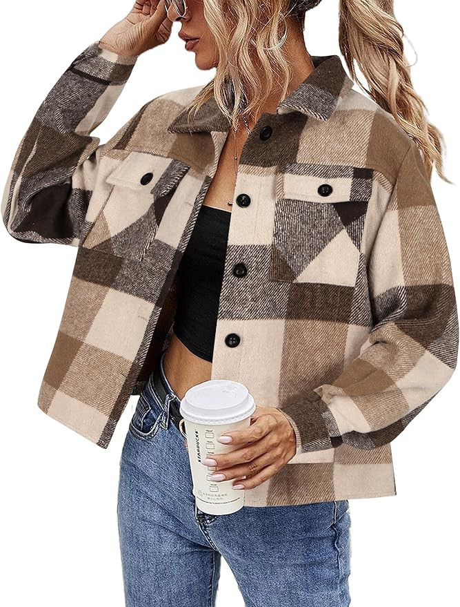HOTOUCH Womens Flannels Fall Cropped Shacket Plaid Jacket Long Sleeve Button Down Coat 2024 Fall ... | Amazon (US)