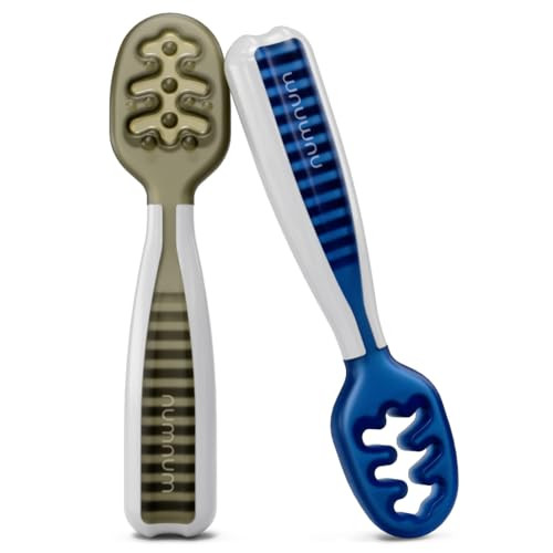 NumNum Baby Spoons Set, Pre-Spoon GOOtensils for Kids Aged 6+ Months - First Stage, Baby Led Weaning (BLW) Spoon - Self Feeding, Silicone Toddler Food Utensils - 2 Spoons, Olive/Navy | Amazon (US)