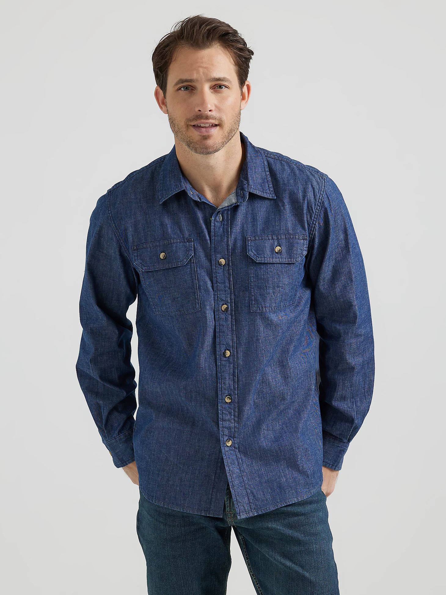 Men’s Wrangler® Long Sleeve Twill/Denim Shirt in Rinse | Wrangler