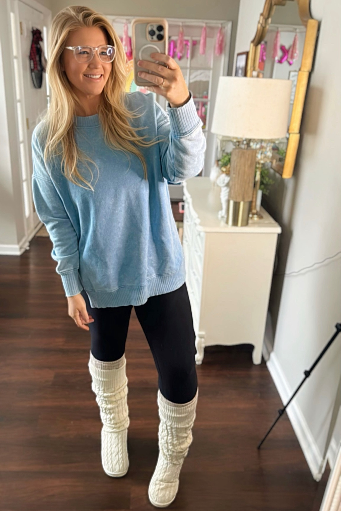 Oversized, oversized sweatshirt, tunic, sweatshirt, leggings, black leggings, high waisted, knee high socks, slouchy boots, boots, sock boots, winter boots, blue light glasses, glasses, clear glasses, plus, mid size, curve, curvy 

#LTKstyletip #LTKplussize #LTKmidsize