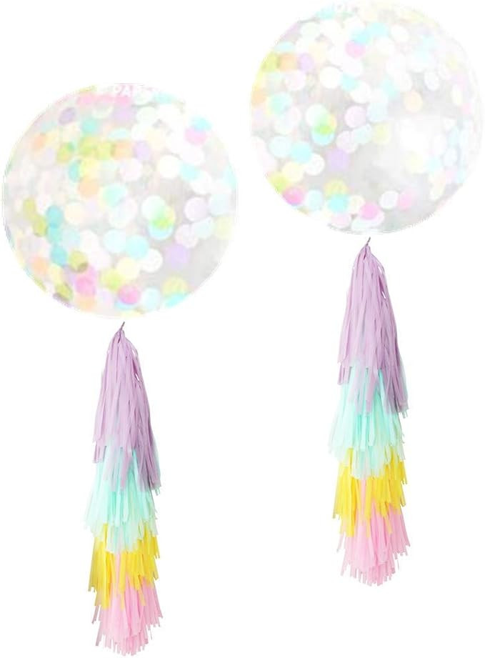 Fonder Mols 30'' Giant Unicorn Confetti Jumbo Balloon with Pastel Rainbow Tassel Tail Fringe Unic... | Amazon (US)