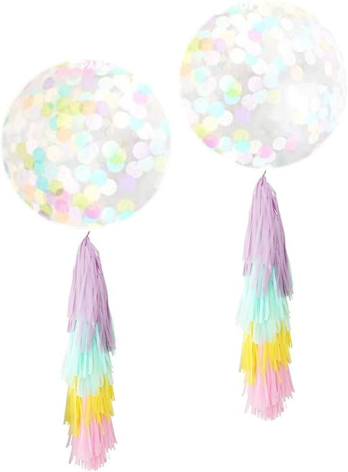 Fonder Mols 30'' Giant Unicorn Confetti Jumbo Balloon with Pastel Rainbow Tassel Tail Fringe Unic... | Amazon (US)