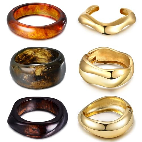 MEDOJO 6 Pcs Chunky Bangle Bracelet for Women Open Golden Wide Wrist Irregular Acrylic Resin Bangles Bracelets Trendy Stackable Cuff Jewelry | Amazon (US)