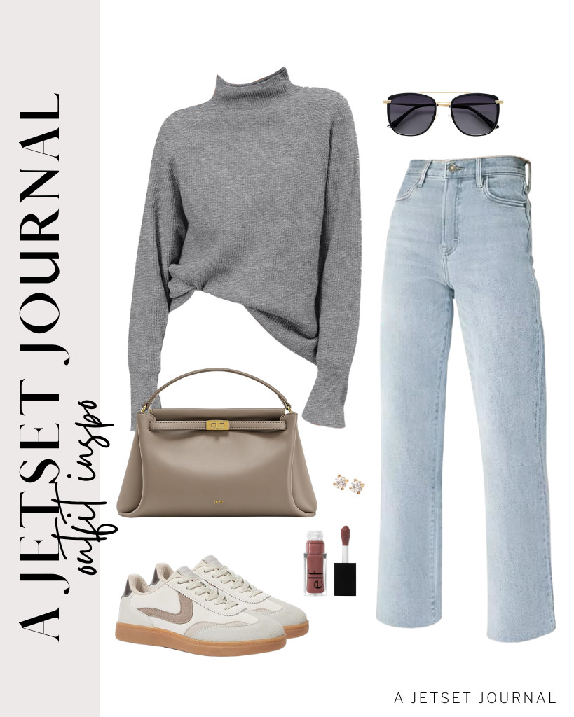 This grey mock neck sweater, jeans, and retro sneakers trio is giving a comfy, chic look. You can wear SOJOS retro sunnies and apply this e.l.f. Glow Reviver Lip Oil to add more glam to the ‘fit. 

 #LTKSeasonal #LTKSaleAlert #LTKTravel