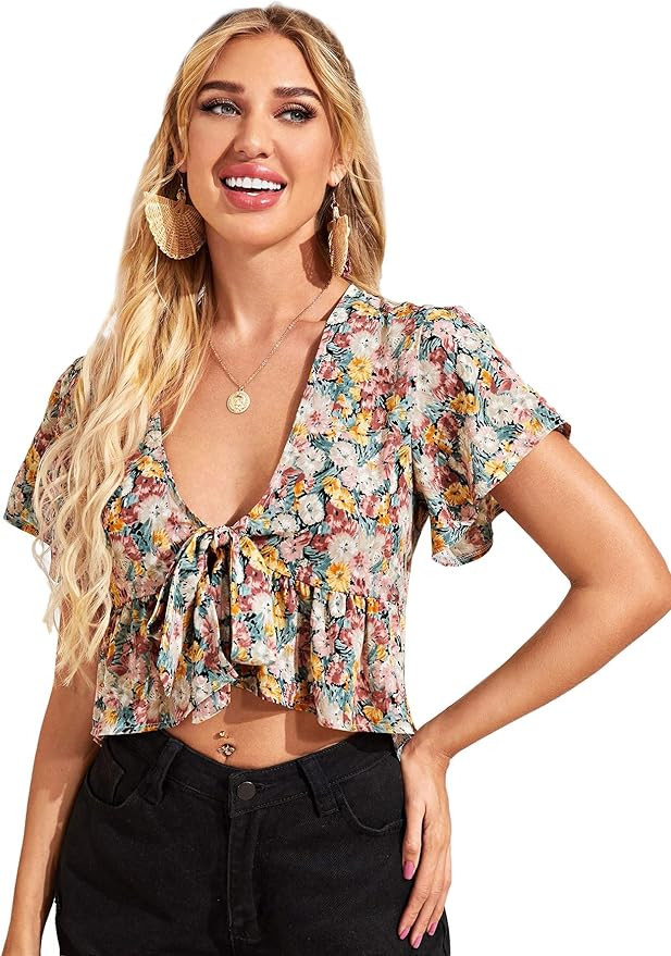 SweatyRocks Women's Short Sleeve Deep V Neck Self Tie Front Crop Top Blouse | Amazon (US)