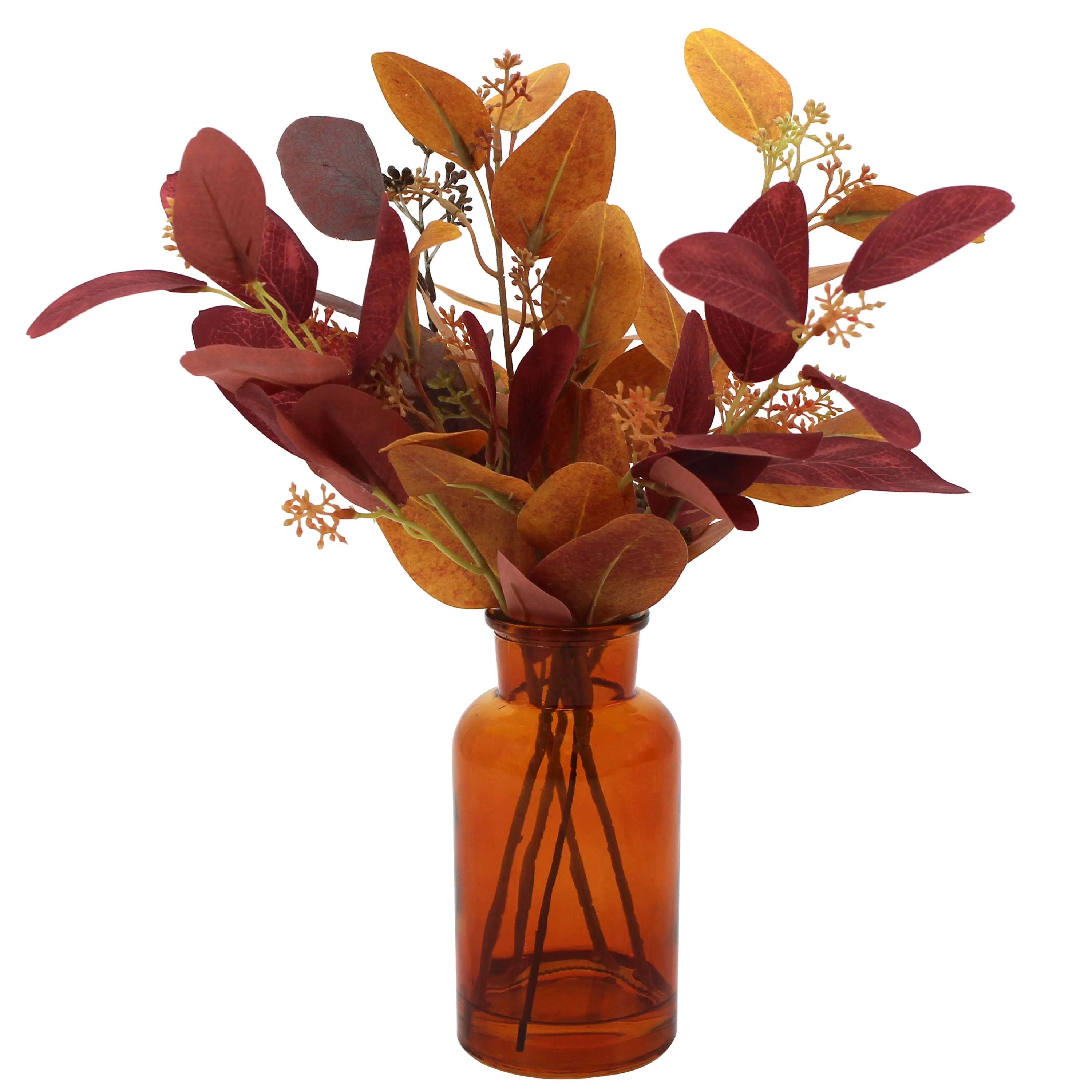 Mainstays Harvest Amber Glass Vase with Artificial Brown Eucalyptus Foliage - Walmart.com | Walmart (US)