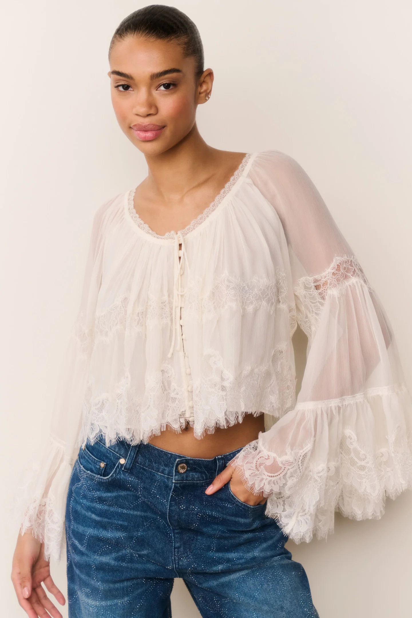 Darline Chiffon Lace Blouse | LoveShackFancy