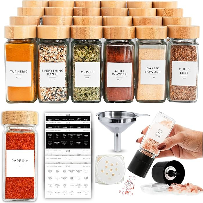 SAVVY & SORTED Glass Spice Jars with Label, 24PK Bamboo Jar Spices Set 4oz, 374 Spice Labels, Pep... | Amazon (US)