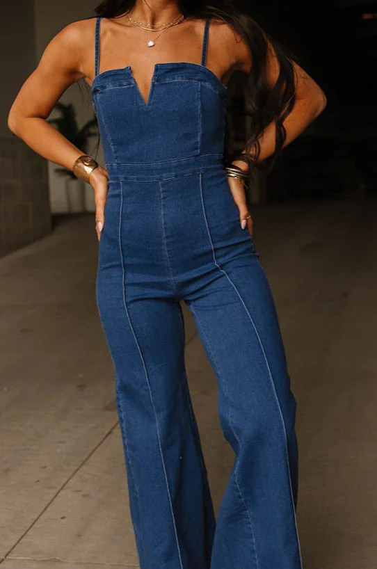Stretch Flared Denim Jumpsuit | Lori Flared Denim Jumpsuit | Mindy Mae's Market
