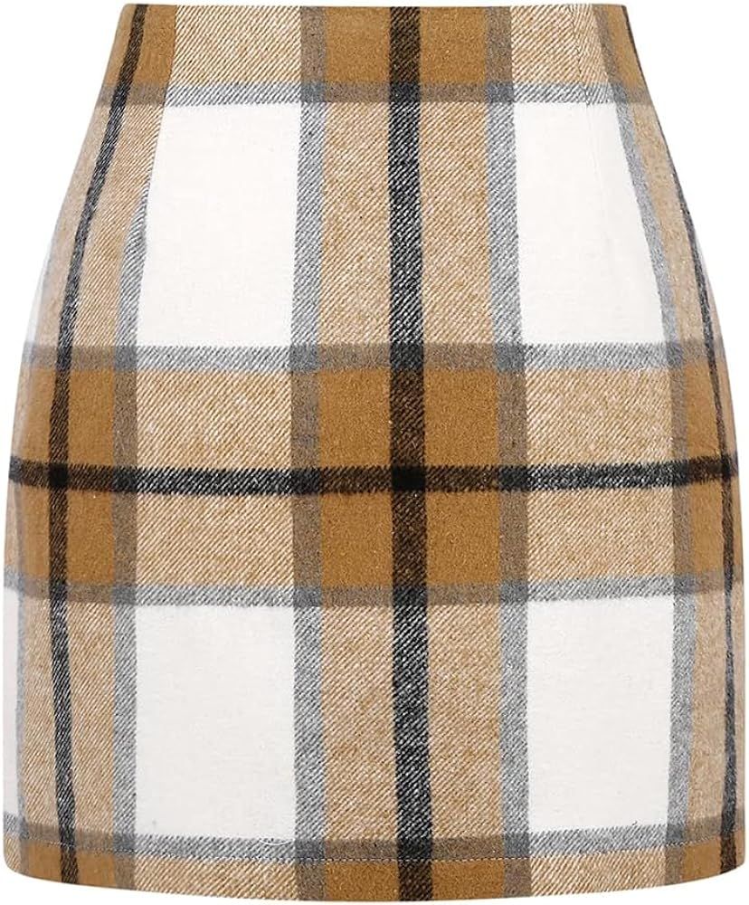 Womens Wool Plaid Mini Skirt Fall Winter High Waisted Bodycon Pencil Skirt | Amazon (US)