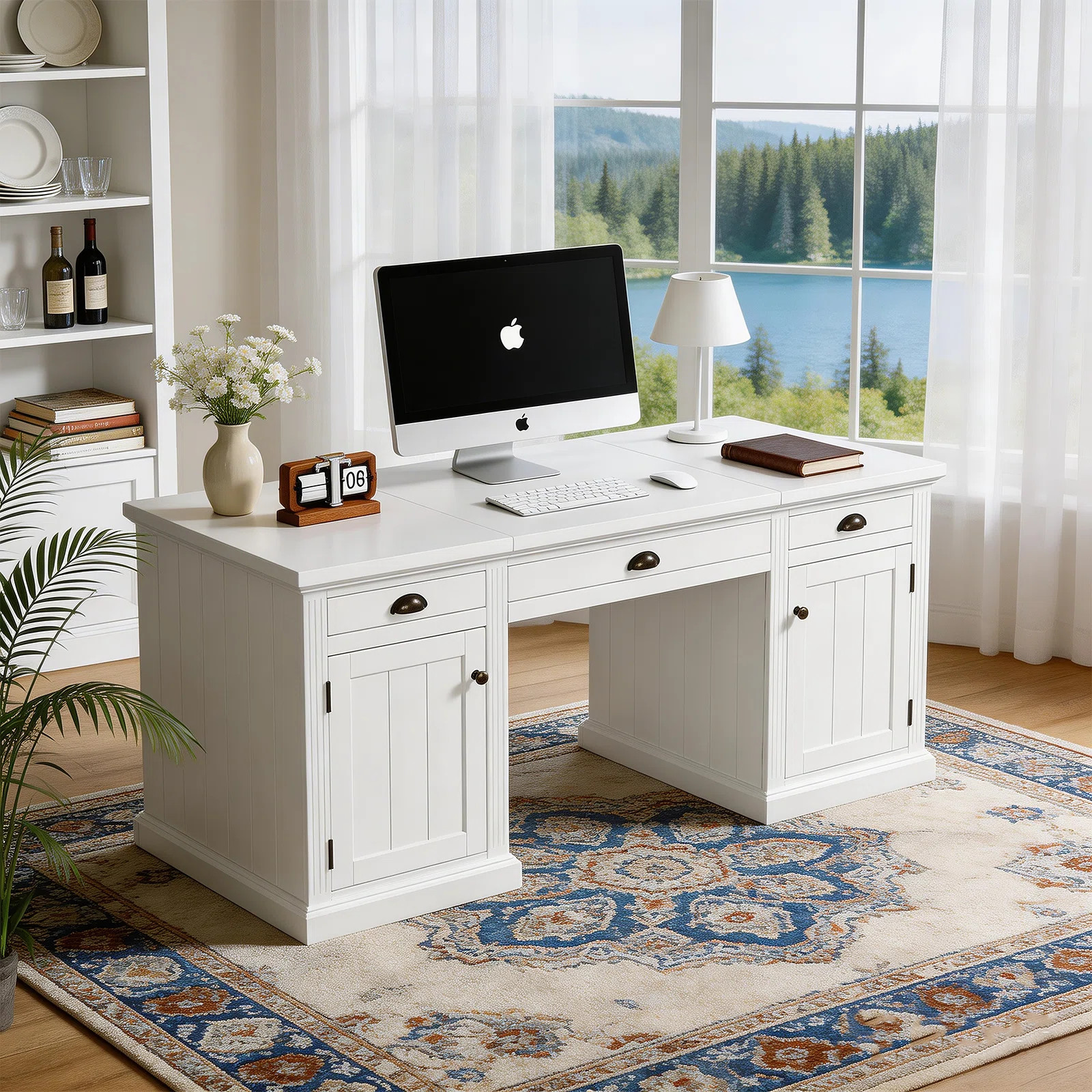 Modern Executive Desk with USB Ports & Outlets, 3-Drawer Computer Desk with 2 Wooden Door Storage... | Wayfair North America