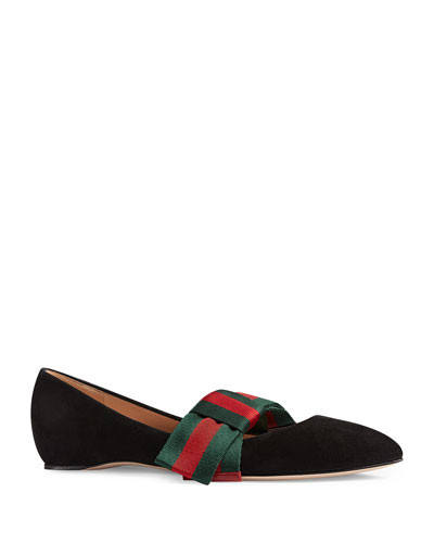 Web Bow Suede Ballerina Flat, Black | Neiman Marcus