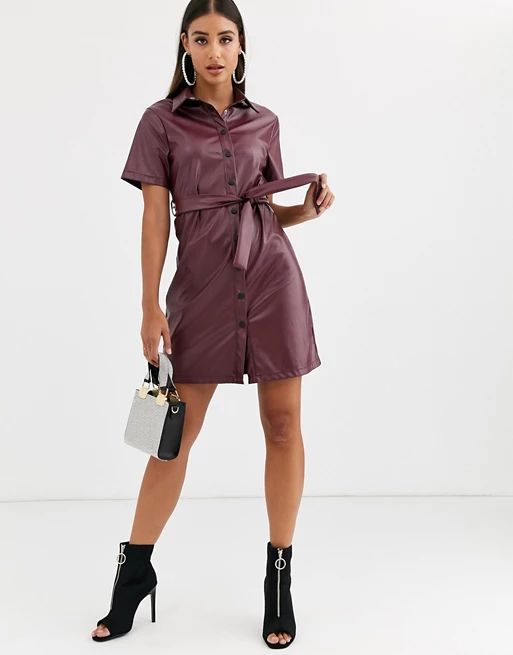 Missguided Tall leather look shirt dress with belted waist in burgundy | ASOS US